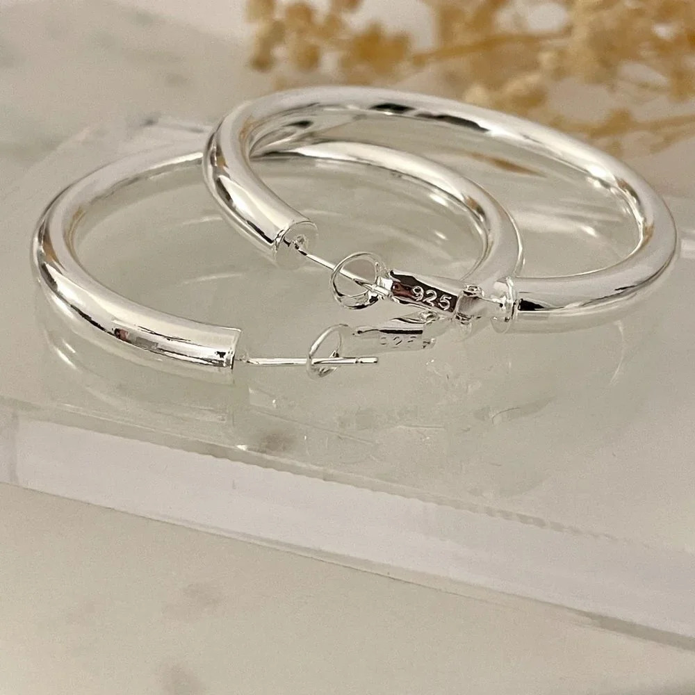 925 Sterling Silver Hoop Earrings Large Silver Hoops Chunky Earrings - Picture 4 of 5